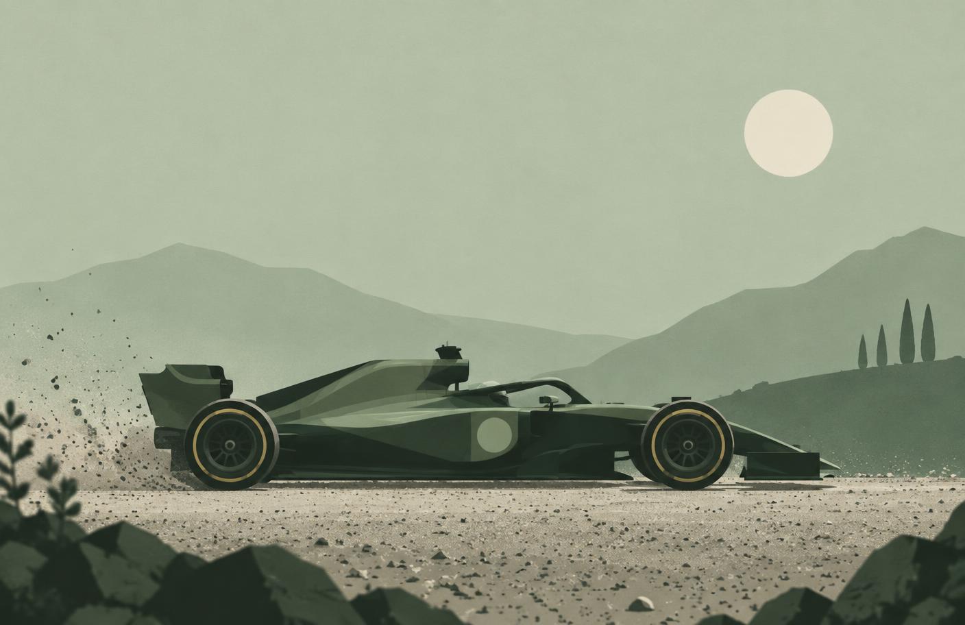 Illustration: ein Formel-1-Wagen steht auf einem groben Schotterweg